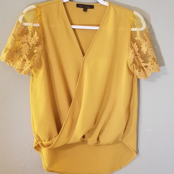 Kaii Tops - Boutique Mustard Lace Sleeve Crossover Blouse